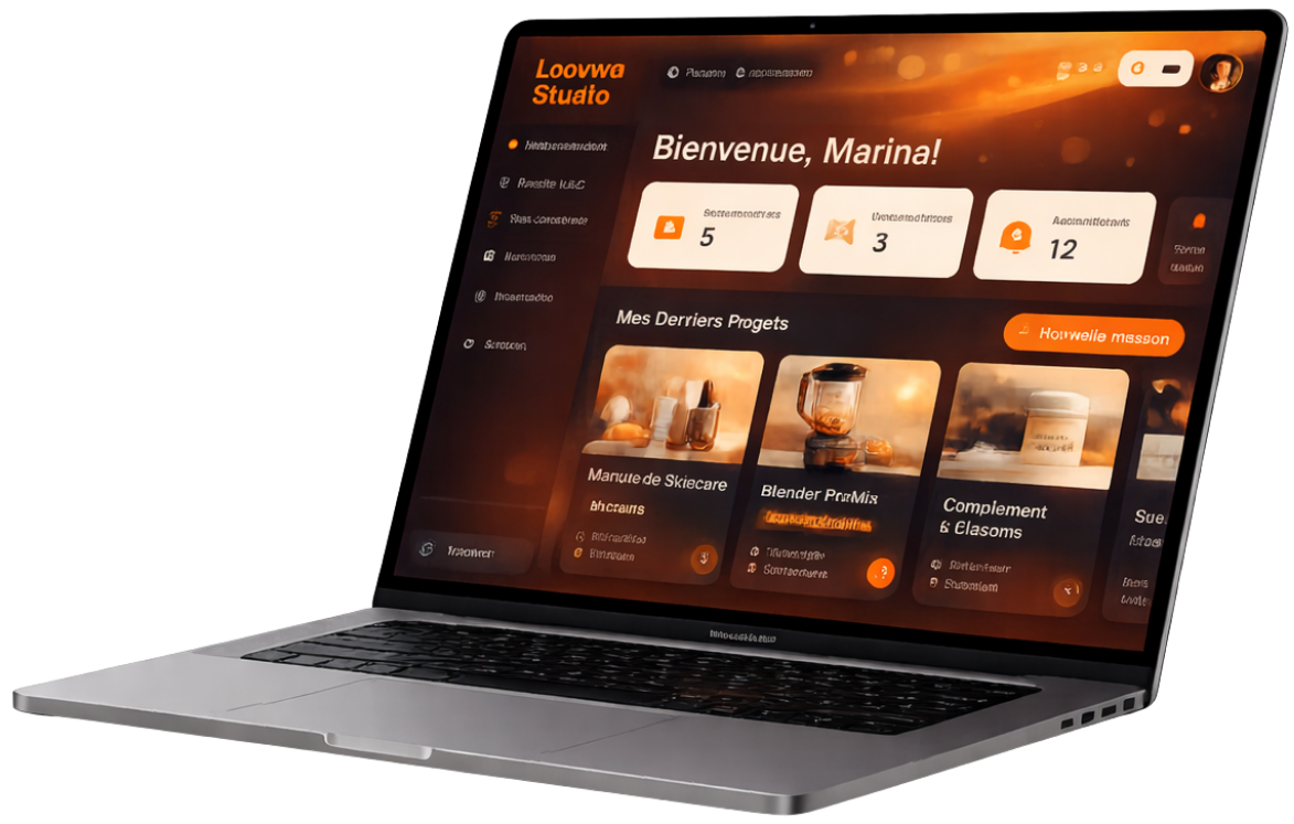 Loomastudio-macbook-UGC-siteinternet Ordinateur portable affichant l’interface de Looma Studio pour la création de sites web et contenus UGC<br />